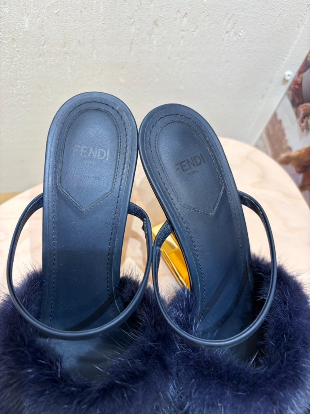 Fendi Navy Mink Fur Slingback Mules with Gold Sculpted Heel - Picture 5 of 6